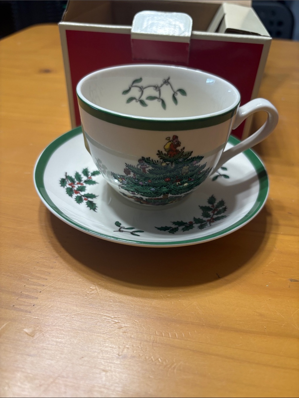 Vintage Spode Holiday Tree Teacup and Saucer Set - Green